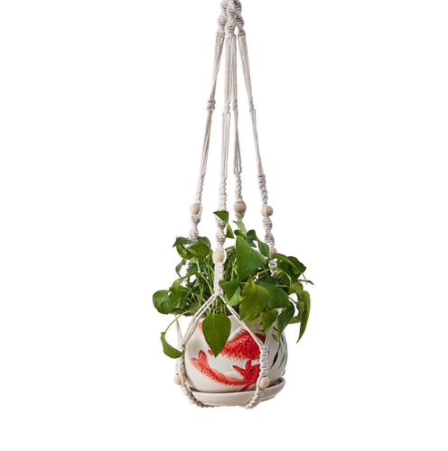 Hanging Plant Basket with Cotton Rope and Wood Beads